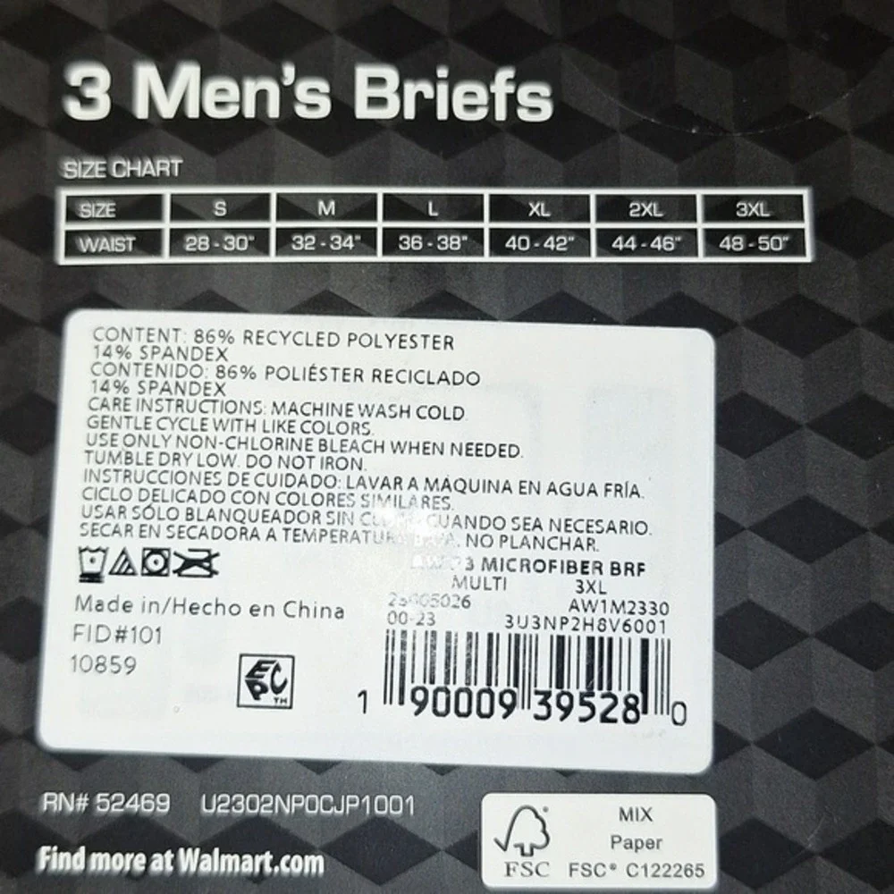 Athletic Works Mens 3PK Performance Briefs 3XL 48-50 Moisture Wicking Grey Black